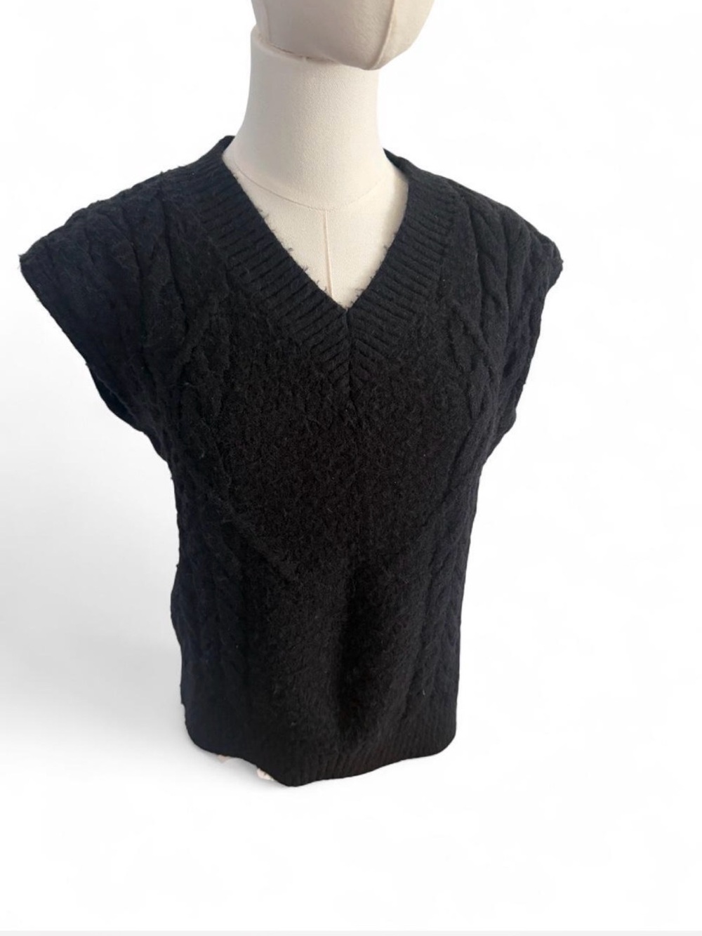 Women's Black Cable Knit V-Neck Sweater Vest